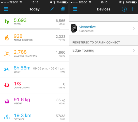 Garmin Connect app showing dashboard and devices associated with the account