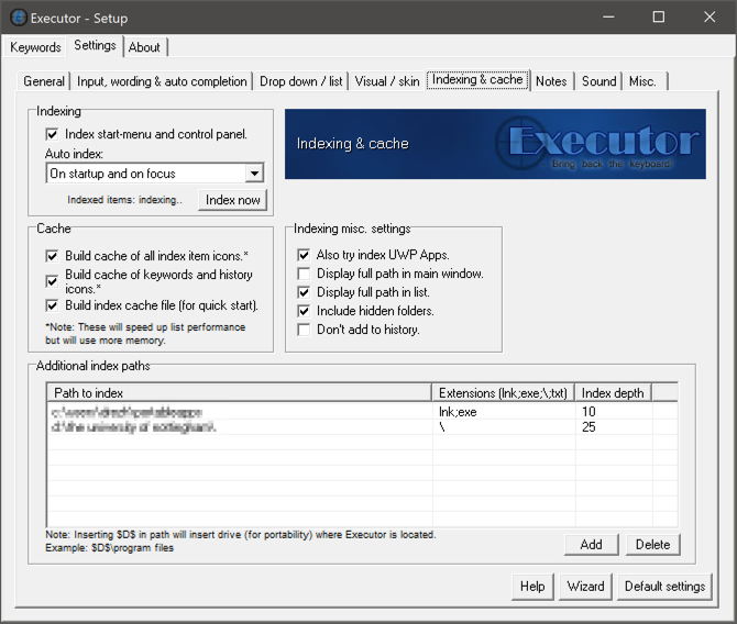 Indexing settings